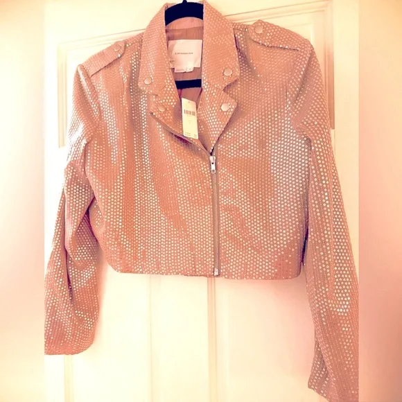 Anthropologie Cropped Pink/Nude Sequin Moto Jacket — NWT - Picture 2 of 8